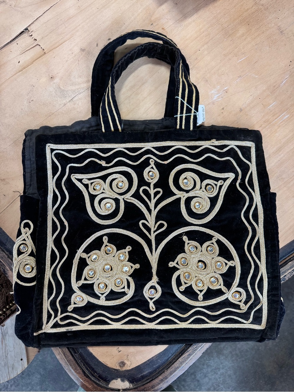 Black Velvet Embroidered Tote Bag with Gold Accents